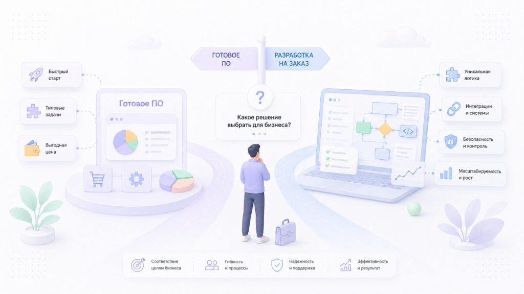 Сравнительная иллюстрация выбора между готовым ПО и разработкой на заказ
